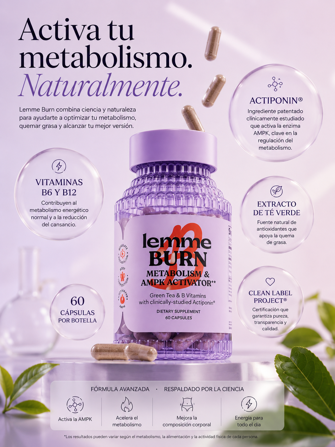 Lemme Burn® | Active su Metabolismo, Aumente su Energía y Favorezca la Quema de Grasa con Actiponin®, Té Verde y Vitaminas B – 60 Cápsulas
