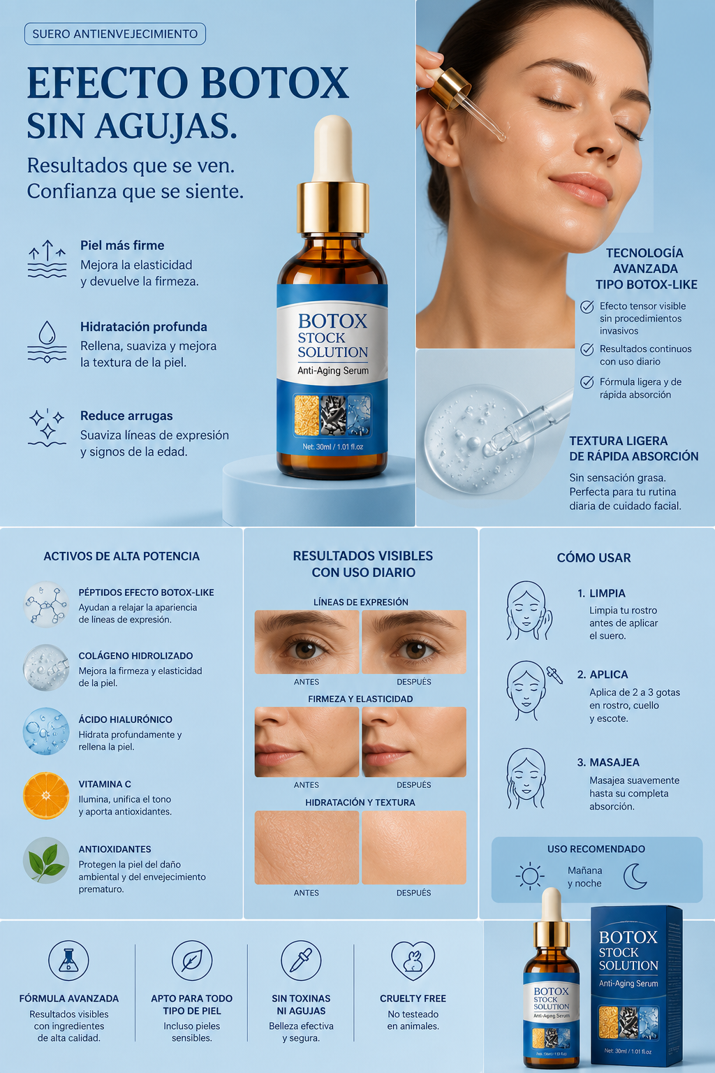 Botox Stock Solution™ | Suero antiedad con efecto tensor, ácido hialurónico, colágeno y vitamina C – 30 ml