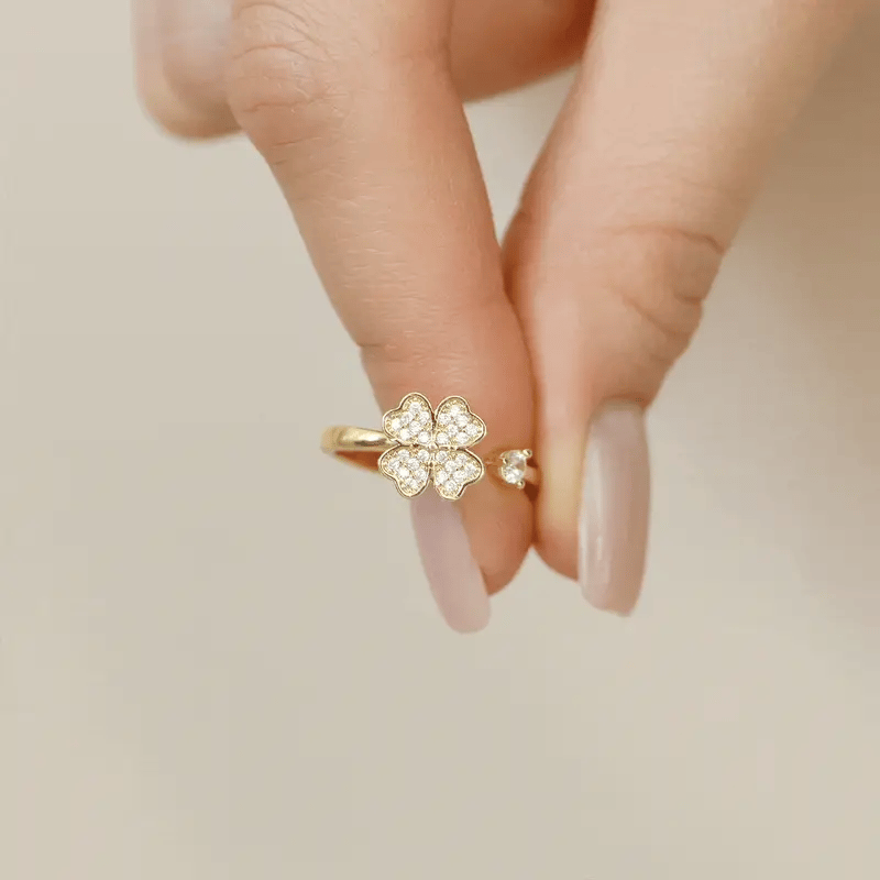 Anillo Trébol de la Suerte | Flor Giratoria Dorada con Cristales